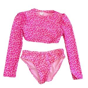 Cat & Jack Pink Animal Print Cheetah Kids Rashguard Swim Set Vacation M(8)
